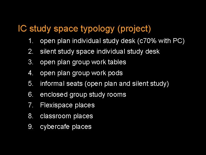 IC study space typology (project) 1. open plan individual study desk (c 70% with