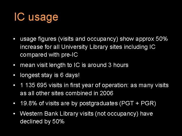 IC usage • usage figures (visits and occupancy) show approx 50% increase for all