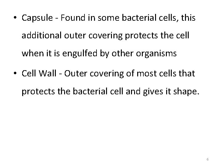  • Capsule - Found in some bacterial cells, this additional outer covering protects
