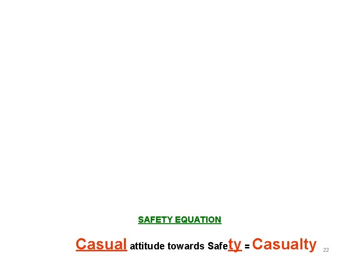 SAFETY EQUATION Casual attitude towards Safety = Casualty 22 