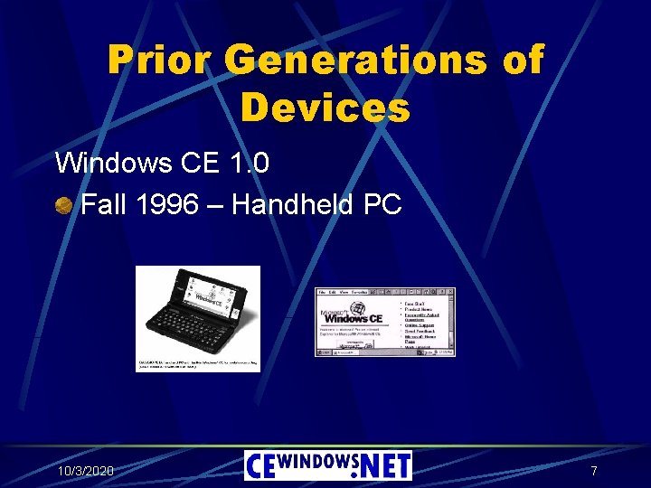 Prior Generations of Devices Windows CE 1. 0 Fall 1996 – Handheld PC 10/3/2020