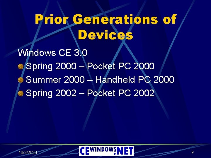 Prior Generations of Devices Windows CE 3. 0 Spring 2000 – Pocket PC 2000