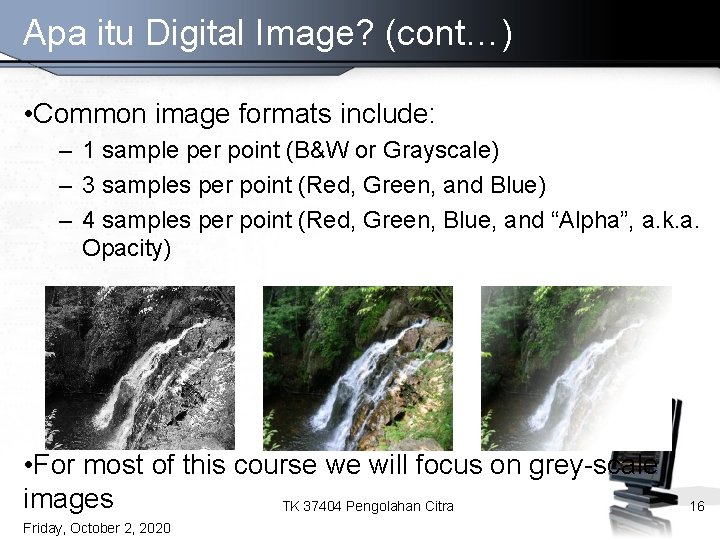 Apa itu Digital Image? (cont…) • Common image formats include: – 1 sample per