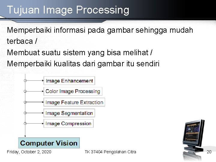 Tujuan Image Processing Memperbaiki informasi pada gambar sehingga mudah terbaca / Membuat suatu sistem