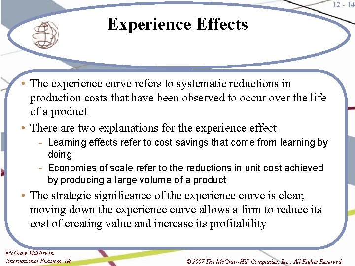 12 - 14 Experience Effects • The experience curve refers to systematic reductions in