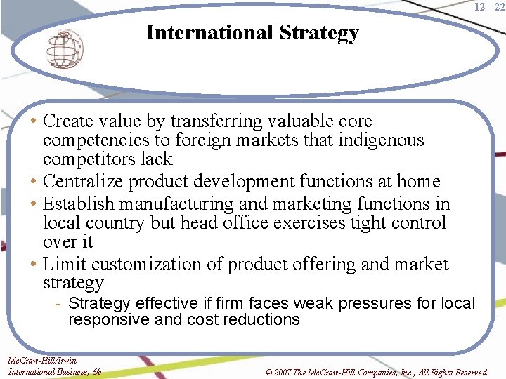 12 - 22 International Strategy • Create value by transferring valuable core competencies to
