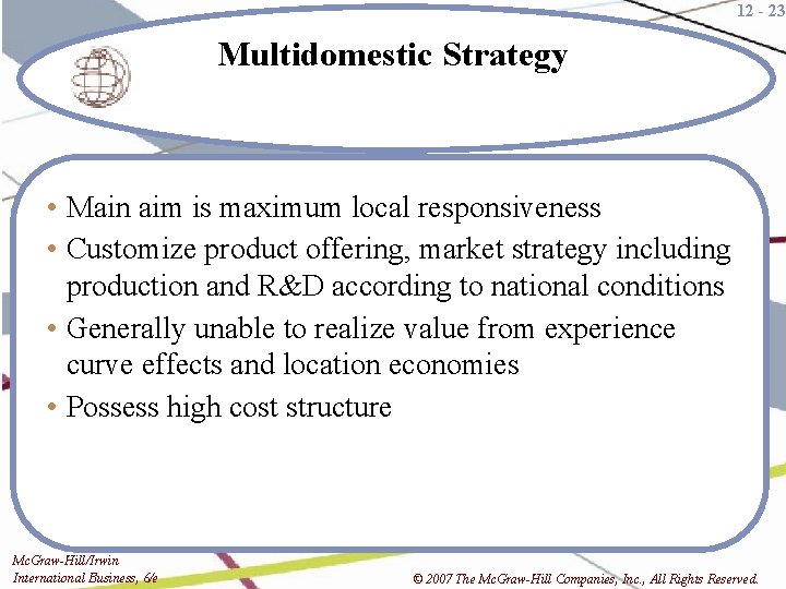 12 - 23 Multidomestic Strategy • Main aim is maximum local responsiveness • Customize