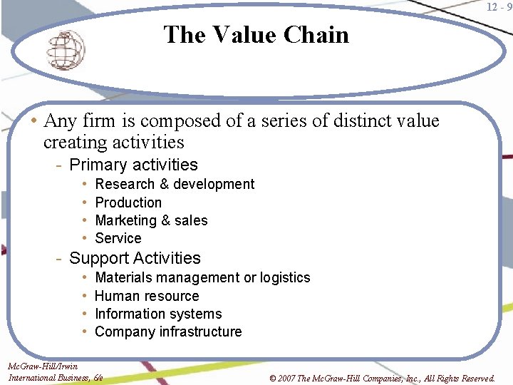 12 - 9 The Value Chain • Any firm is composed of a series