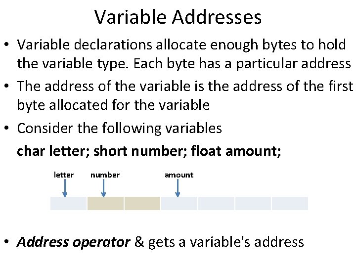 Variable Addresses • Variable declarations allocate enough bytes to hold the variable type. Each
