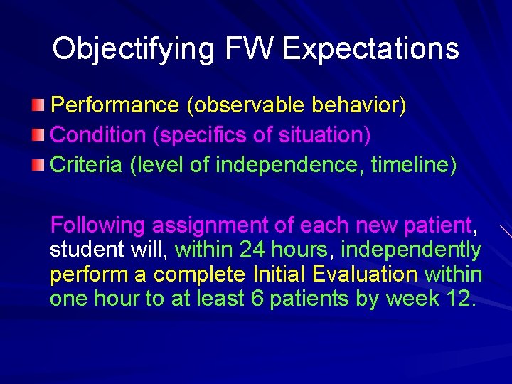 Objectifying FW Expectations Performance (observable behavior) Condition (specifics of situation) Criteria (level of independence,