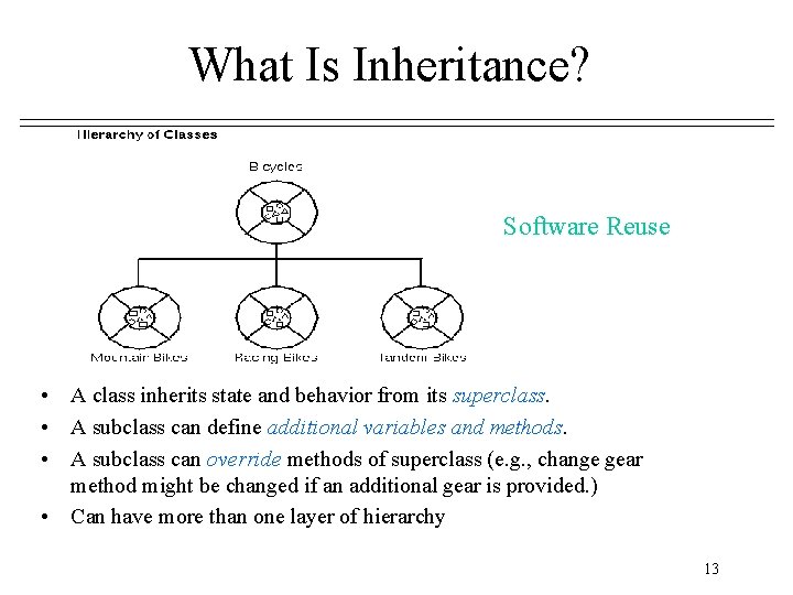 What Is Inheritance? Software Reuse • A class inherits state and behavior from its What Is Inheritance? Software Reuse • A class inherits state and behavior from its