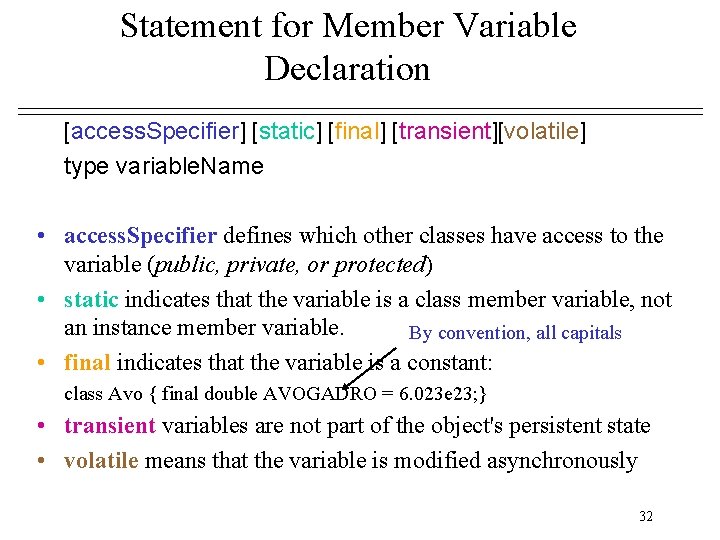 Statement for Member Variable Declaration [access. Specifier] [static] [final] [transient][volatile] type variable. Name •