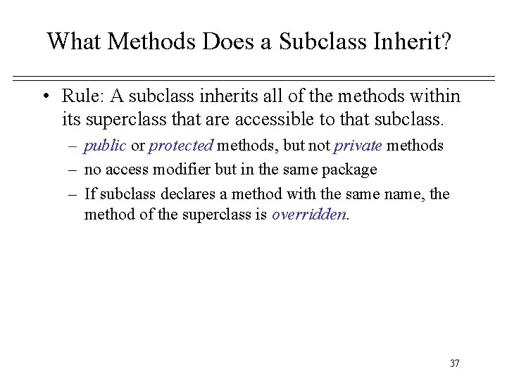 What Methods Does a Subclass Inherit? • Rule: A subclass inherits all of the What Methods Does a Subclass Inherit? • Rule: A subclass inherits all of the