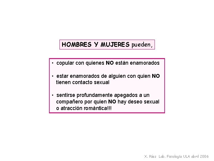 HOMBRES Y MUJERES pueden, • copular con quienes NO están enamorados • estar enamorados