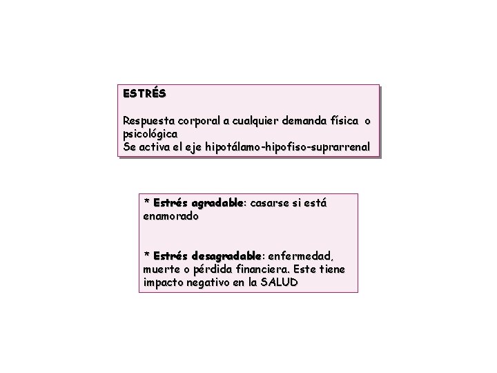 ESTRÉS Respuesta corporal a cualquier demanda física o psicológica Se activa el eje hipotálamo-hipofiso-suprarrenal