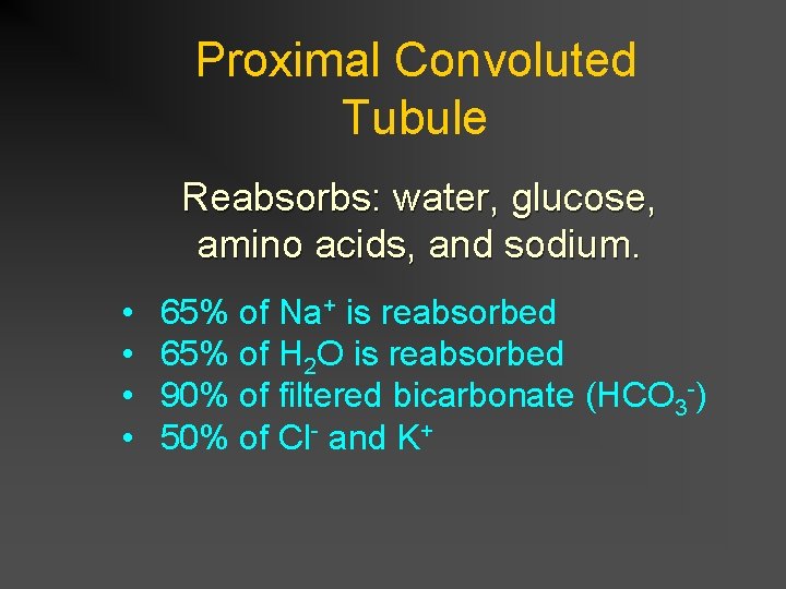 Proximal Convoluted Tubule Reabsorbs: water, glucose, amino acids, and sodium. • • 65% of