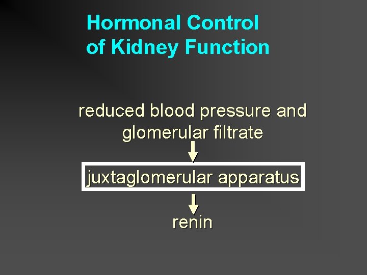 Hormonal Control of Kidney Function reduced blood pressure and glomerular filtrate juxtaglomerular apparatus renin