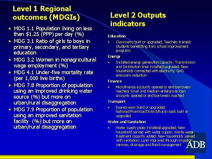 Level 1 Regional outcomes (MDGIs) • MDG 1. 1 Population living on less than