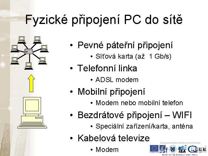 Fyzické připojení PC do sítě • Pevné páteřní připojení • Síťová karta (až 1 Fyzické připojení PC do sítě • Pevné páteřní připojení • Síťová karta (až 1