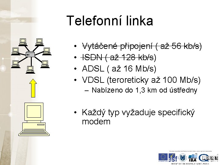 Telefonní linka • • Vytáčené připojení ( až 56 kb/s) ISDN ( až 128 Telefonní linka • • Vytáčené připojení ( až 56 kb/s) ISDN ( až 128