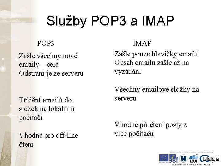 Služby POP 3 a IMAP POP 3 Zašle všechny nové emaily – celé Odstraní Služby POP 3 a IMAP POP 3 Zašle všechny nové emaily – celé Odstraní