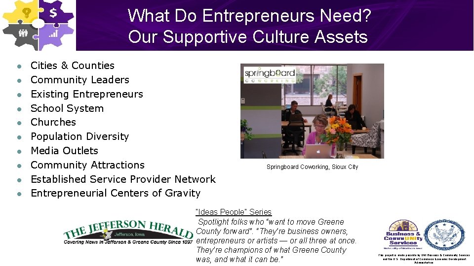 What Do Entrepreneurs Need? Our Supportive Culture Assets l l l l l Cities