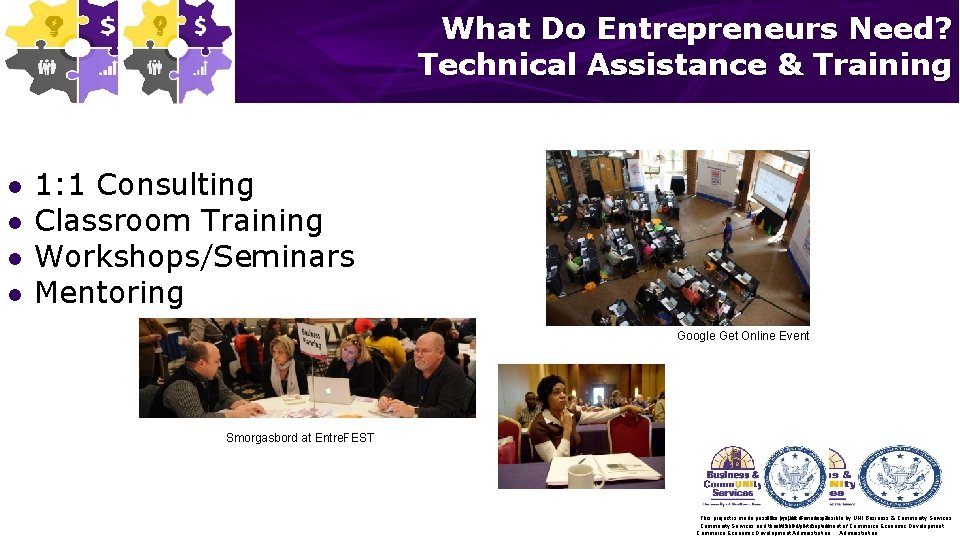 What Do Entrepreneurs Need? Technical Assistance & Training l l 1: 1 Consulting Classroom