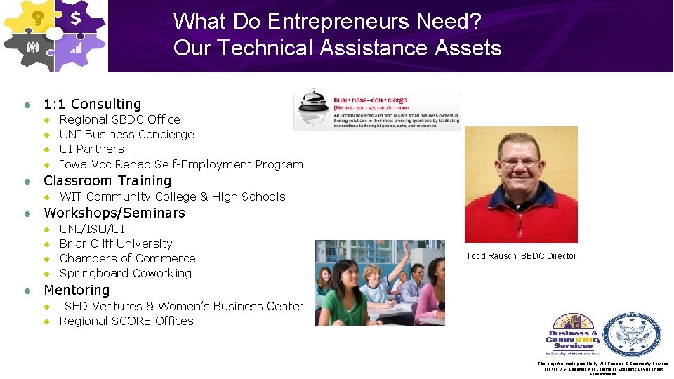 What Do Entrepreneurs Need? Our Technical Assistance Assets l 1: 1 Consulting l l