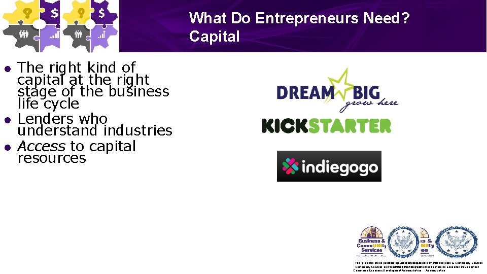 What Do Entrepreneurs Need? Capital l The right kind of capital at the right