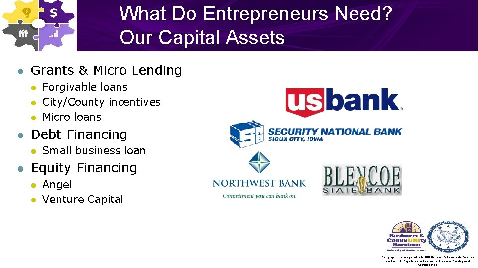 What Do Entrepreneurs Need? Our Capital Assets l Grants & Micro Lending l l