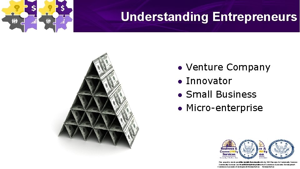 Understanding Entrepreneurs l l Venture Company Innovator Small Business Micro-enterprise This project is made