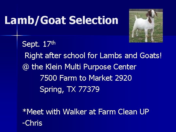 Lamb/Goat Selection Sept. 17 th Right after school for Lambs and Goats! @ the
