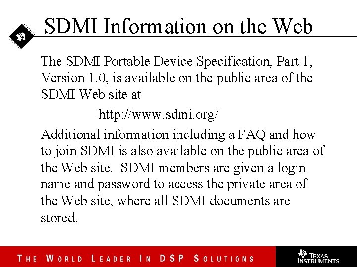 SDMI Information on the Web The SDMI Portable Device Specification, Part 1, Version 1.