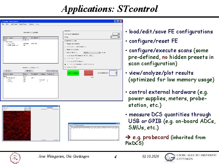 Applications: STcontrol • load/edit/save FE configurations • configure/reset FE • configure/execute scans (some pre-defined,