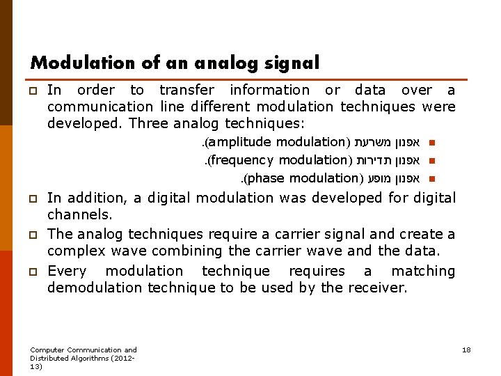 Modulation of an analog signal p In order to transfer information or data over