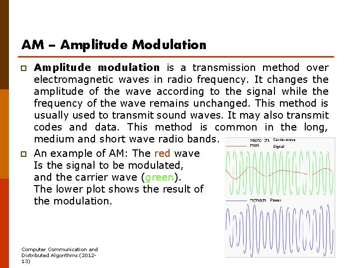 AM – Amplitude Modulation p Amplitude modulation is a transmission method over electromagnetic waves