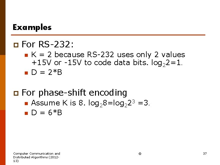 Examples p For RS-232: n n p K = 2 because RS-232 uses only