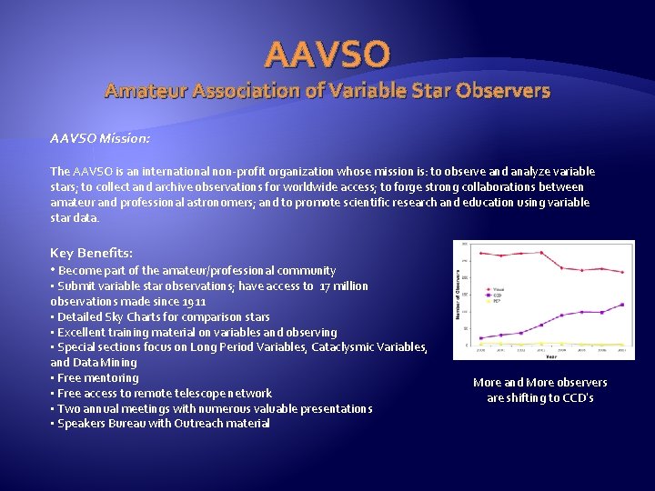 AAVSO Amateur Association of Variable Star Observers AAVSO Mission: The AAVSO is an international