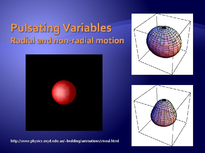 Pulsating Variables Radial and non-radial motion http: //www. physics. usyd. edu. au/~bedding/animations/visual. html 