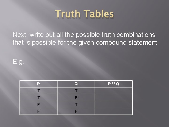 Truth Tables Next, write out all the possible truth combinations that is possible for
