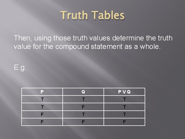 Truth Tables Then, using those truth values determine the truth value for the compound