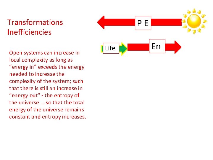 PE Transformations Inefficiencies Open systems can increase in local complexity as long as “energy