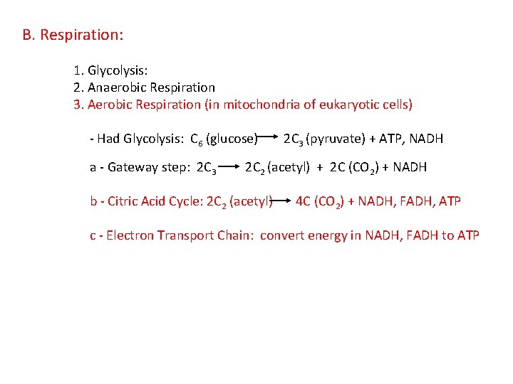 B. Respiration: 1. Glycolysis: 2. Anaerobic Respiration 3. Aerobic Respiration (in mitochondria of eukaryotic