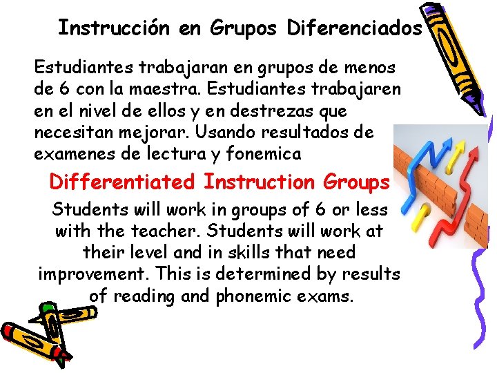 Instrucción en Grupos Diferenciados Estudiantes trabajaran en grupos de menos de 6 con la