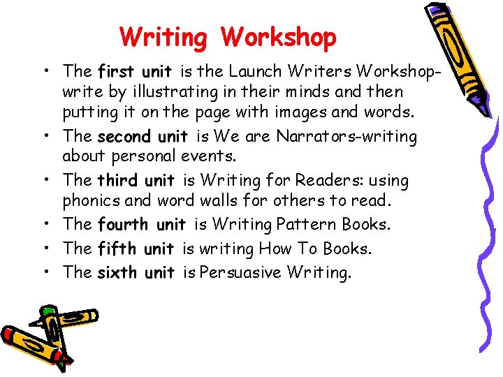 Writing Workshop • The first unit is the Launch Writers Workshopwrite by illustrating in
