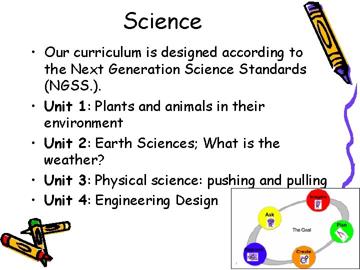 Science • Our curriculum is designed according to the Next Generation Science Standards (NGSS.
