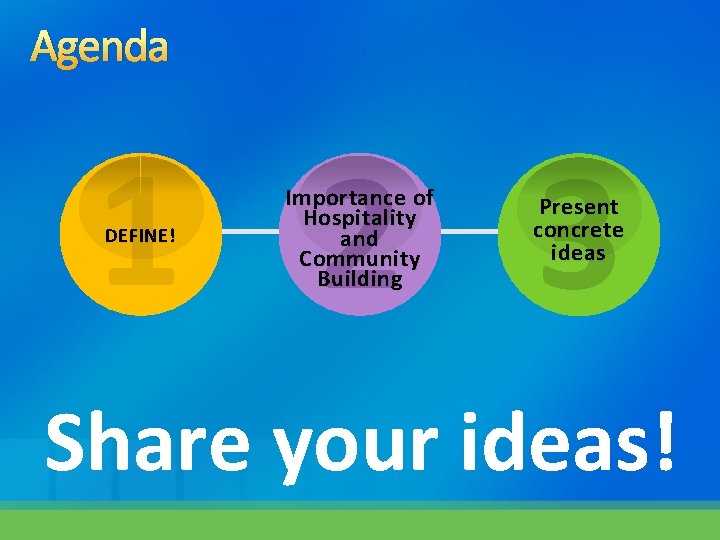 Agenda 1 2 3 DEFINE! Importance of Hospitality and Community Building Present concrete ideas
