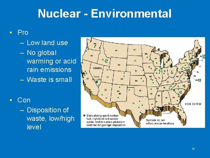 Nuclear - Environmental • Pro – Low land use – No global warming or Nuclear - Environmental • Pro – Low land use – No global warming or