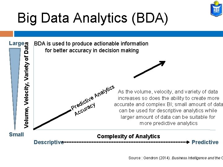 Big Data Analytics (BDA) Volume, Velocity, Variety of Data Large BDA is used to