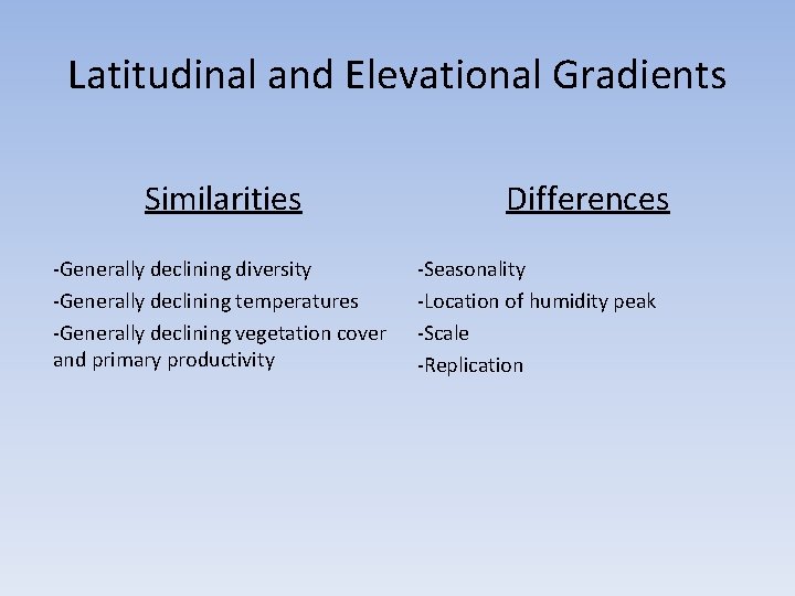 Latitudinal and Elevational Gradients Similarities ‐Generally declining diversity ‐Generally declining temperatures ‐Generally declining vegetation